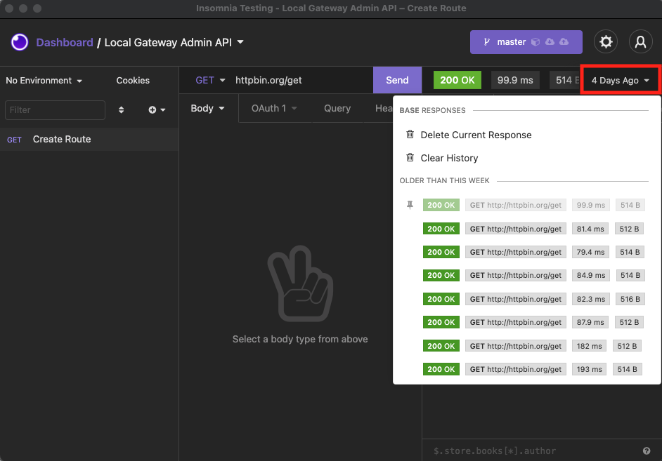 Access the response history for a specific request in the response window dropdown menu.